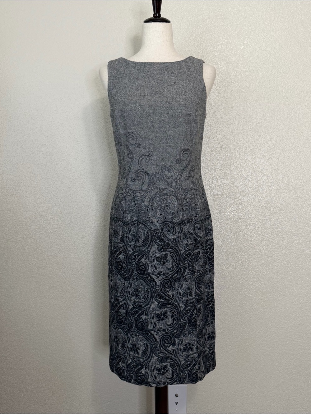 Talbots Wool Blend Gray Black Paisley Tweed Sheath Midi Dress, Size 4